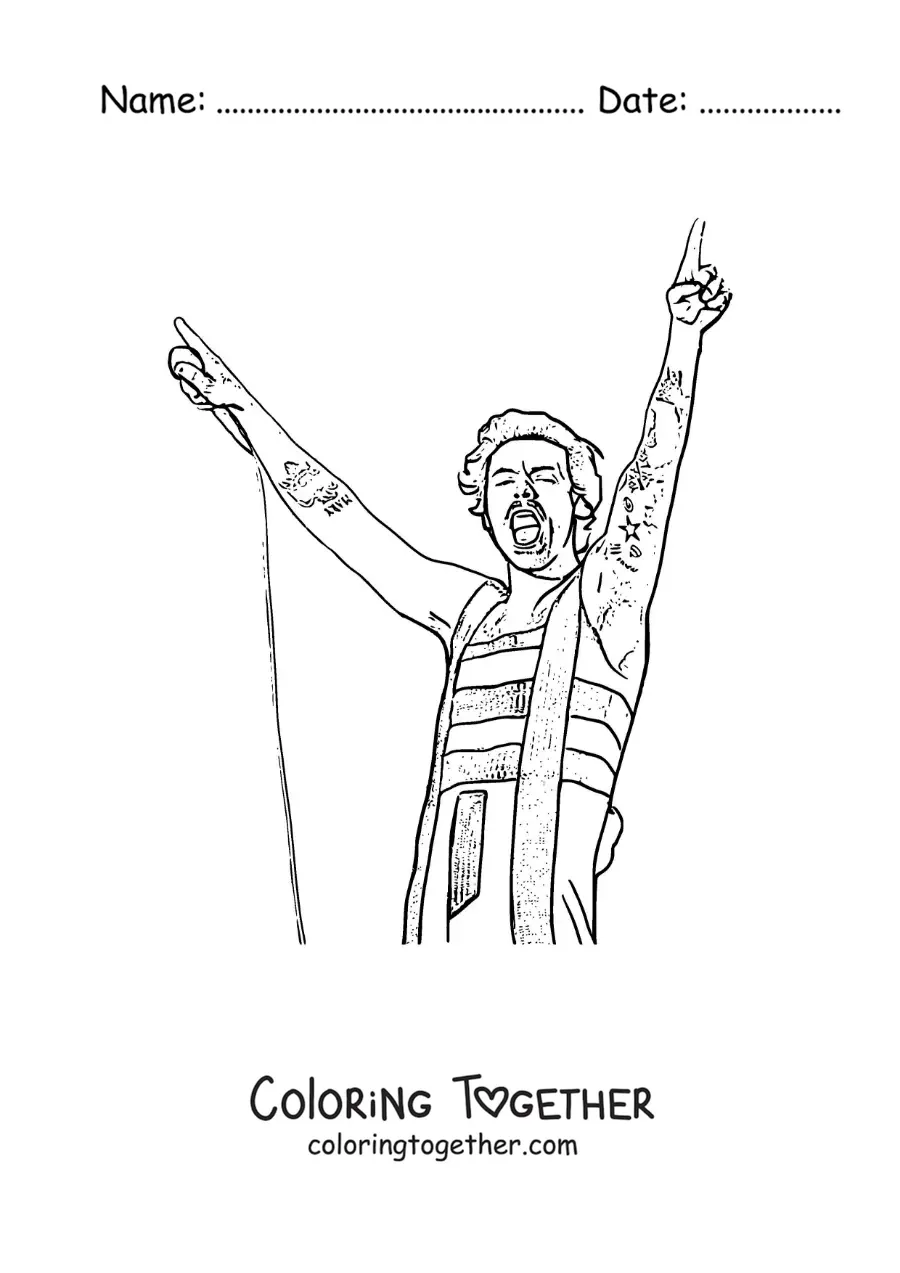 Coloring page of Harry Styles singing in a realistic style