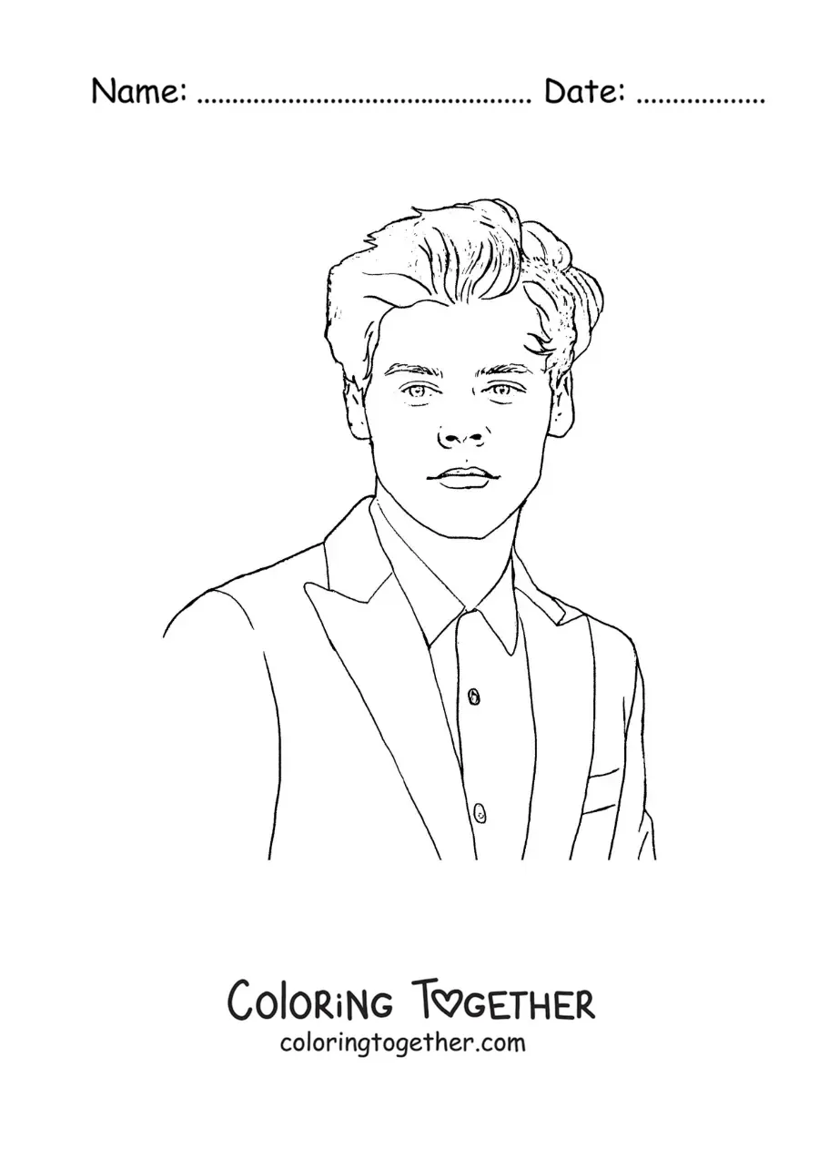 Coloring page of a portrait of Harry Styles in a realistic style