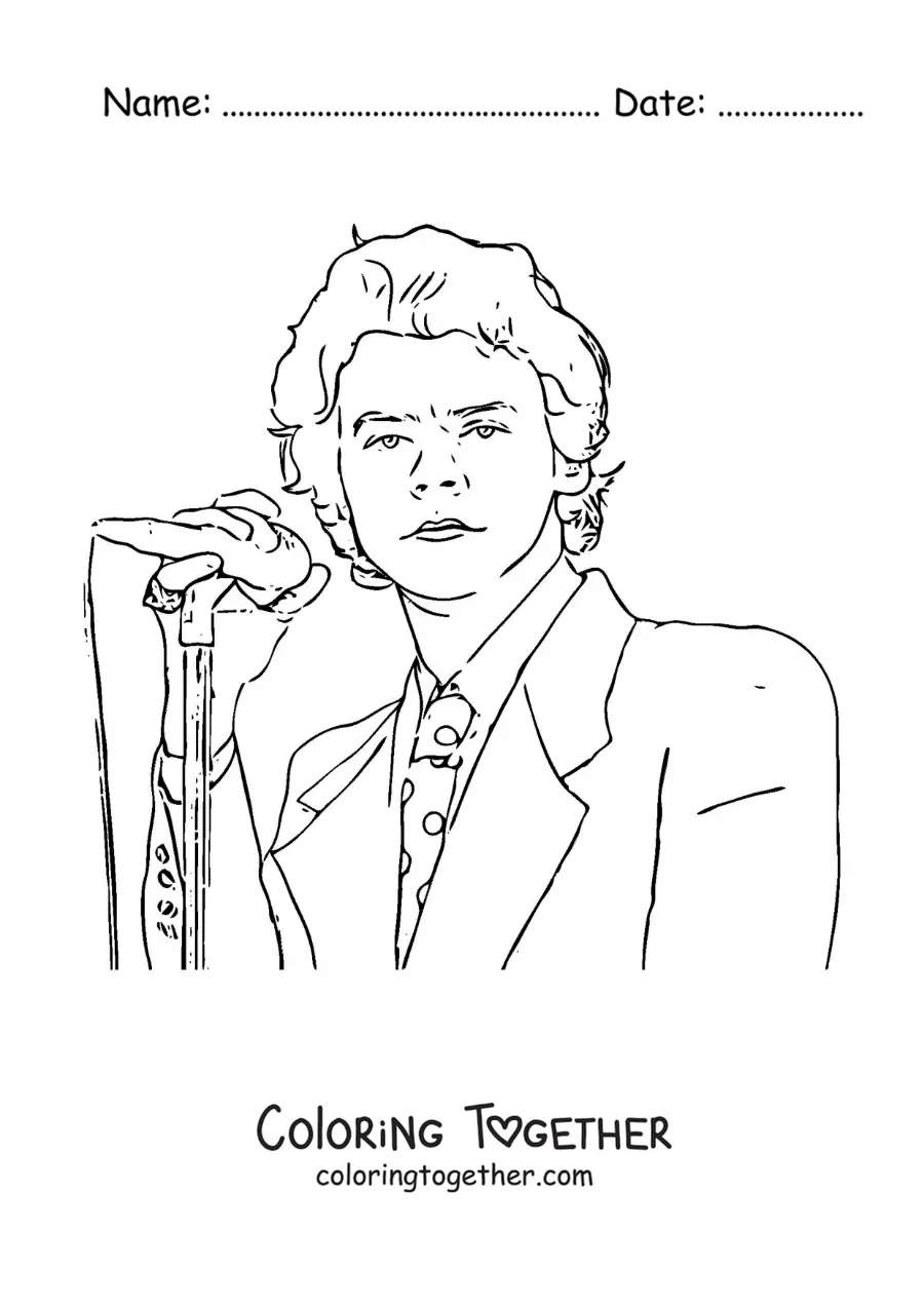 Coloring page of a portrait of Harry Styles singing with a microphone in a realistic style