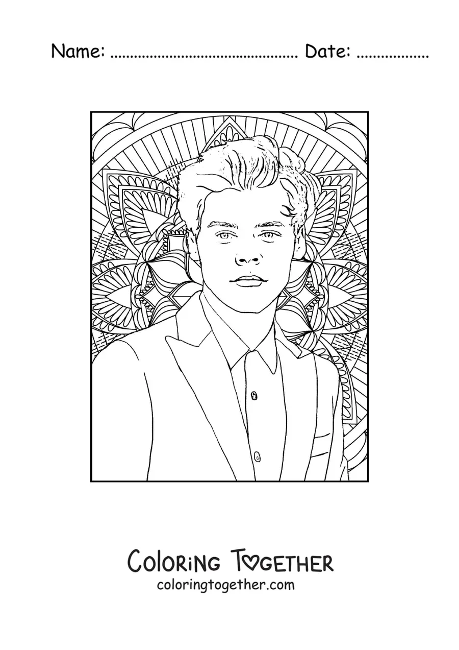 Coloring page of a mandala with a portrait of Harry Styles