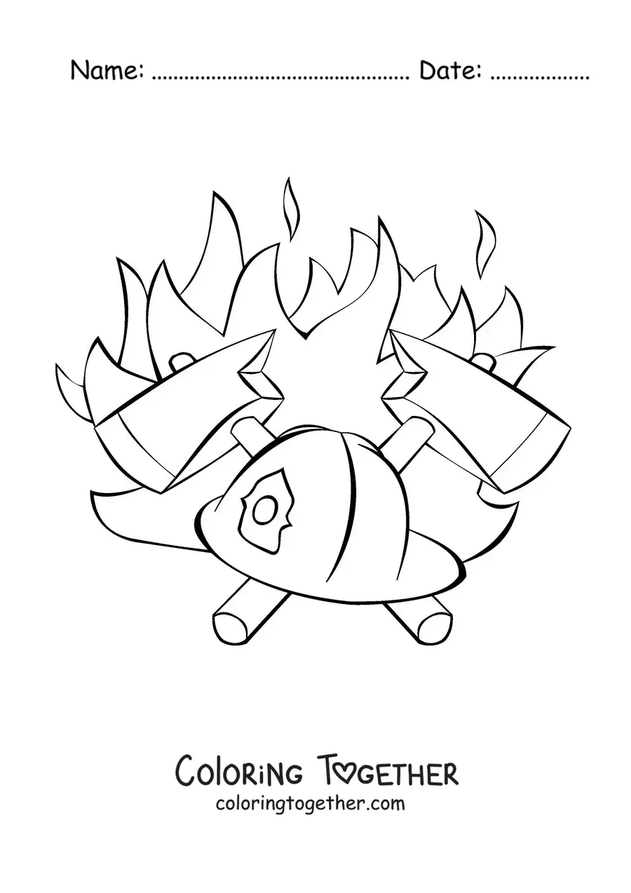 Coloring page of a firefighter helmet with two crossed axes