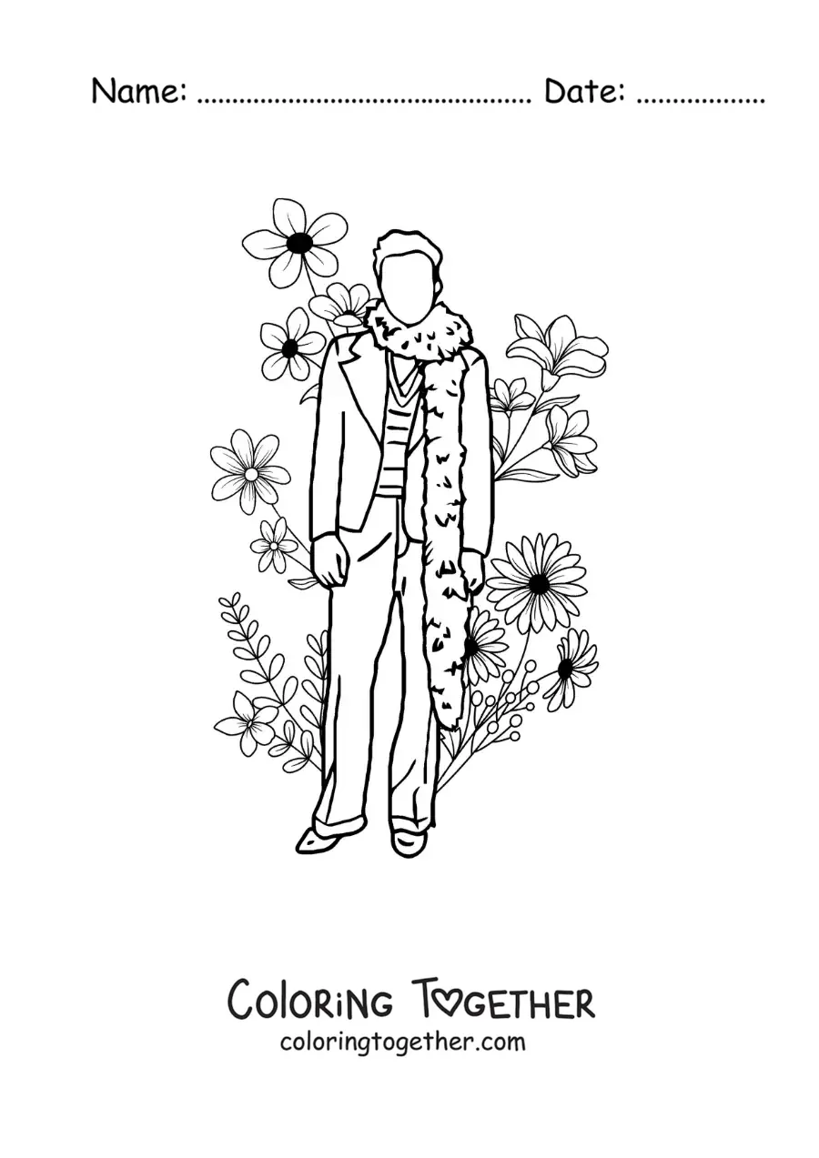 Coloring page of a silhouette of Harry Styles with flowers
