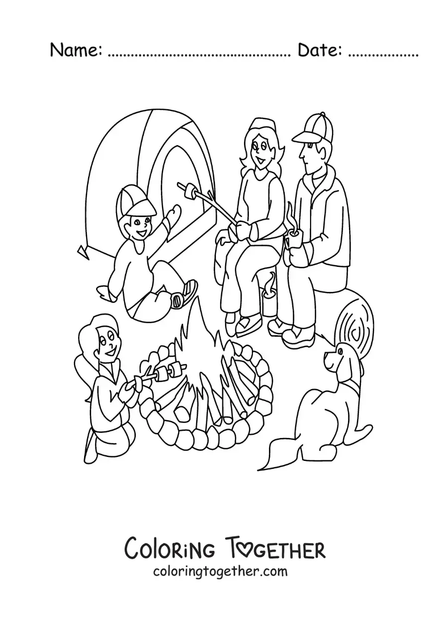 Coloring page of a cartoon family at a campsite