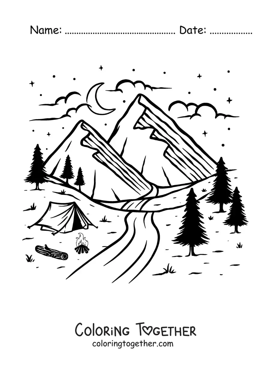 Coloring page of a tent by the river and the mountains
