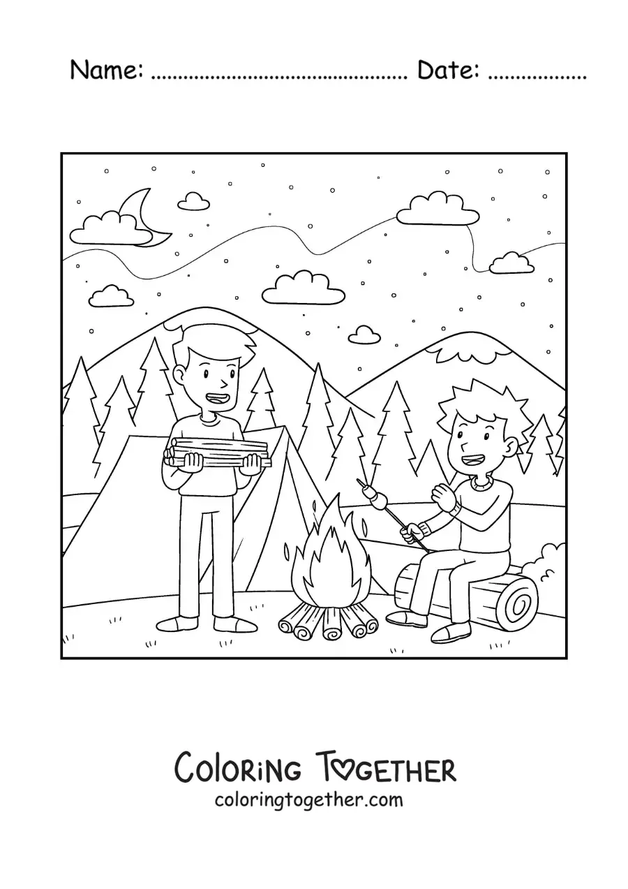 Coloring page of two children roasting marshmallows by the campfire at a campsite