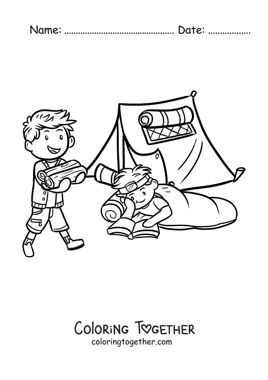 Coloring page of two children reading by the campfire at a summer camp