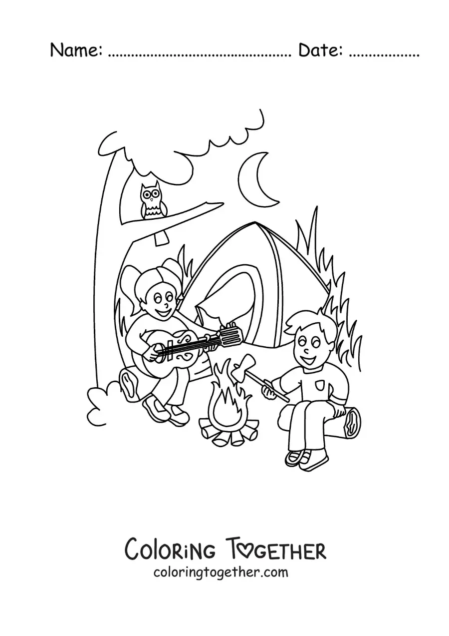 Coloring page of two cartoon children singing at a summer camp