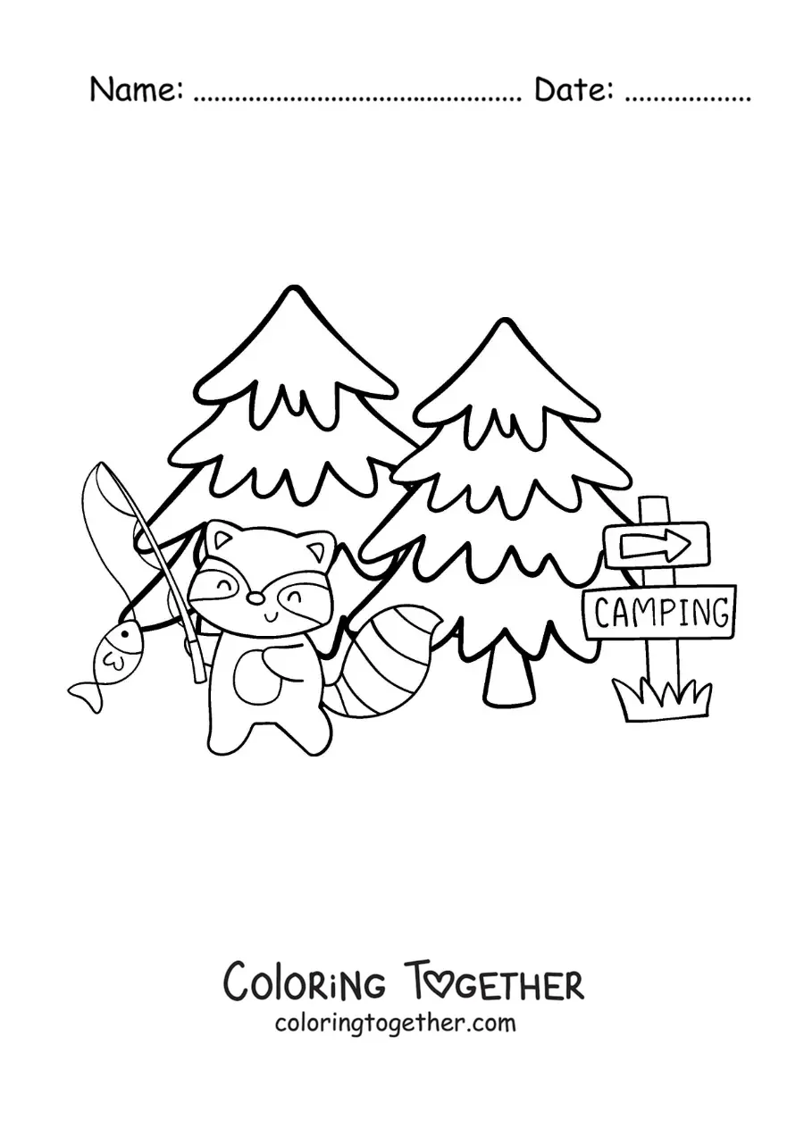 Coloring page of a cartoon raccoon fishing at a camp in the forest