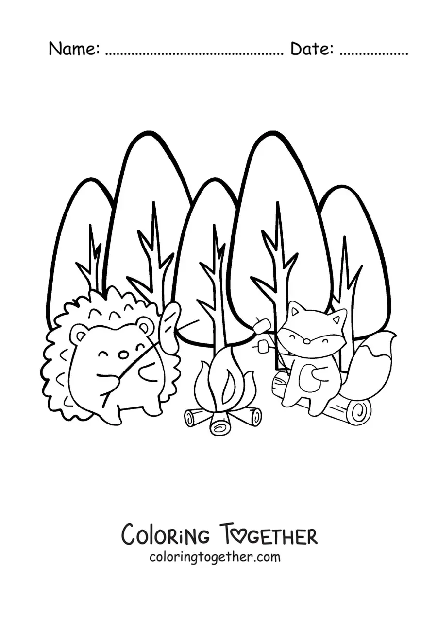 Coloring page of kawaii animals around a campfire in the forest