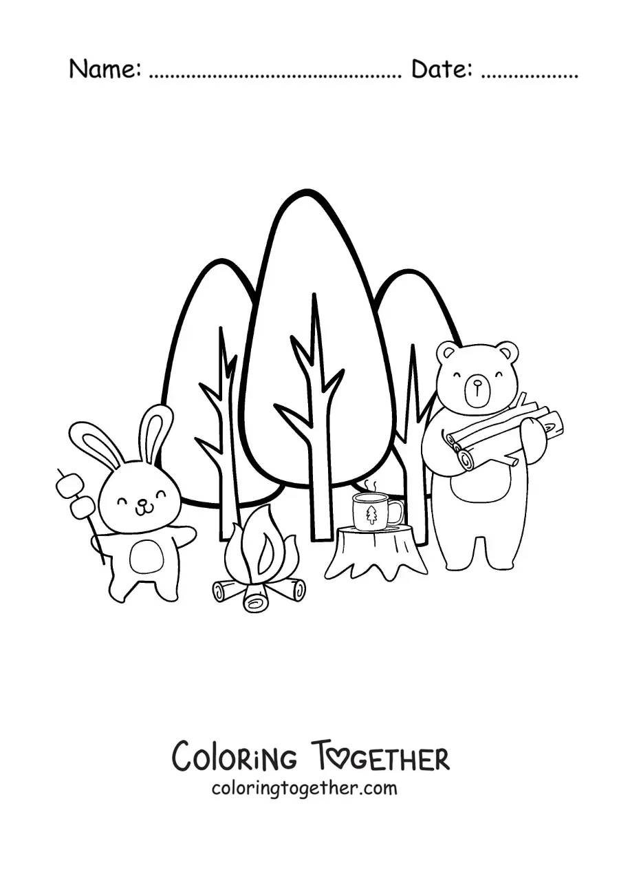 Coloring page of cartoon animals around a campfire in the forest