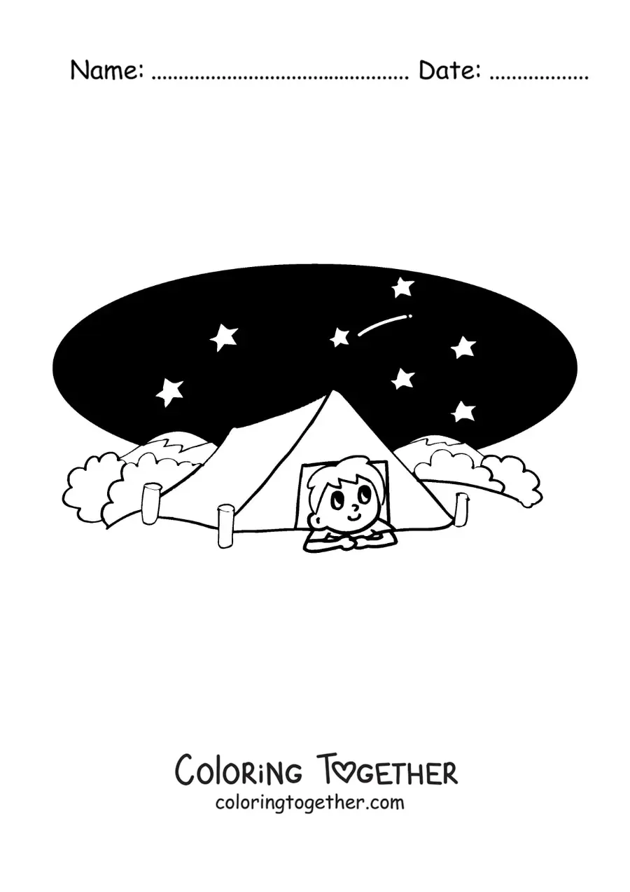 Coloring page of a cartoon boy camping at night