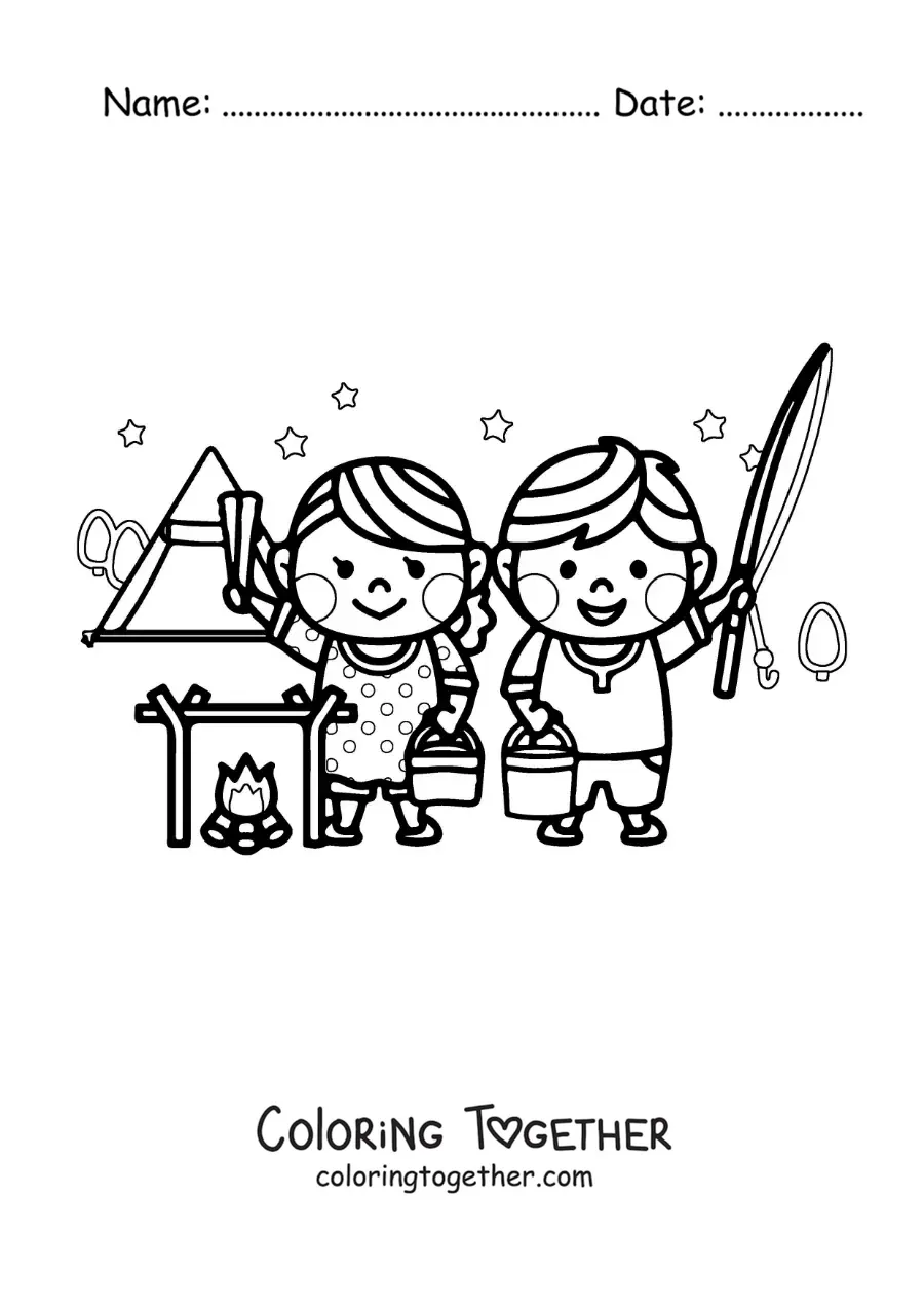 Coloring page of a kawaii couple at a campsite