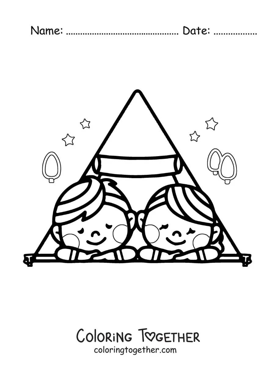 Coloring page of a kawaii couple in a tent