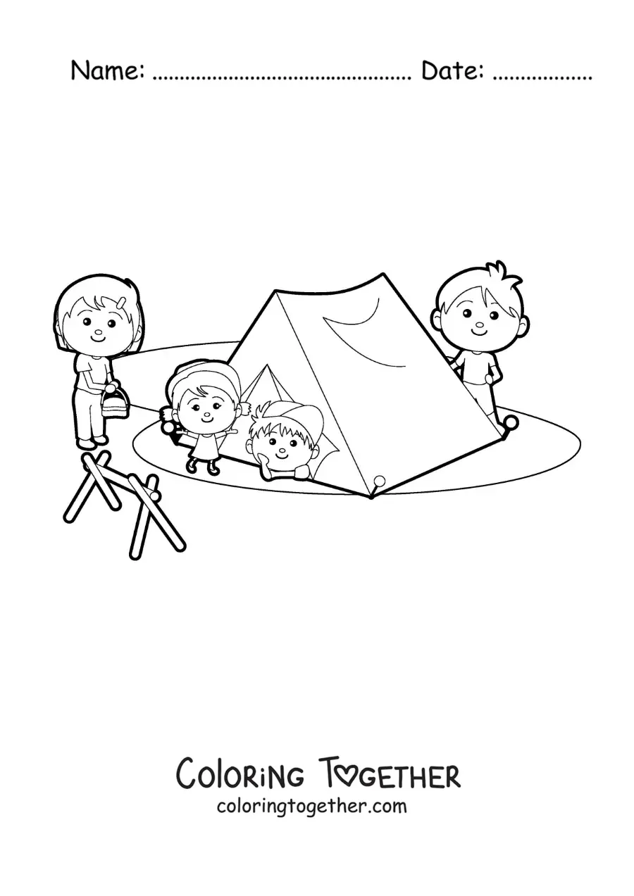 Coloring page of a kawaii family at a campsite