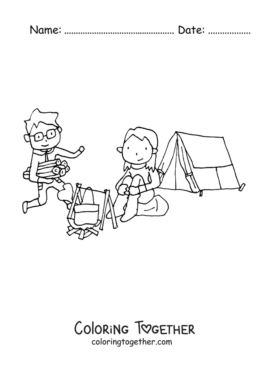 Coloring page of a cartoon couple at a campsite