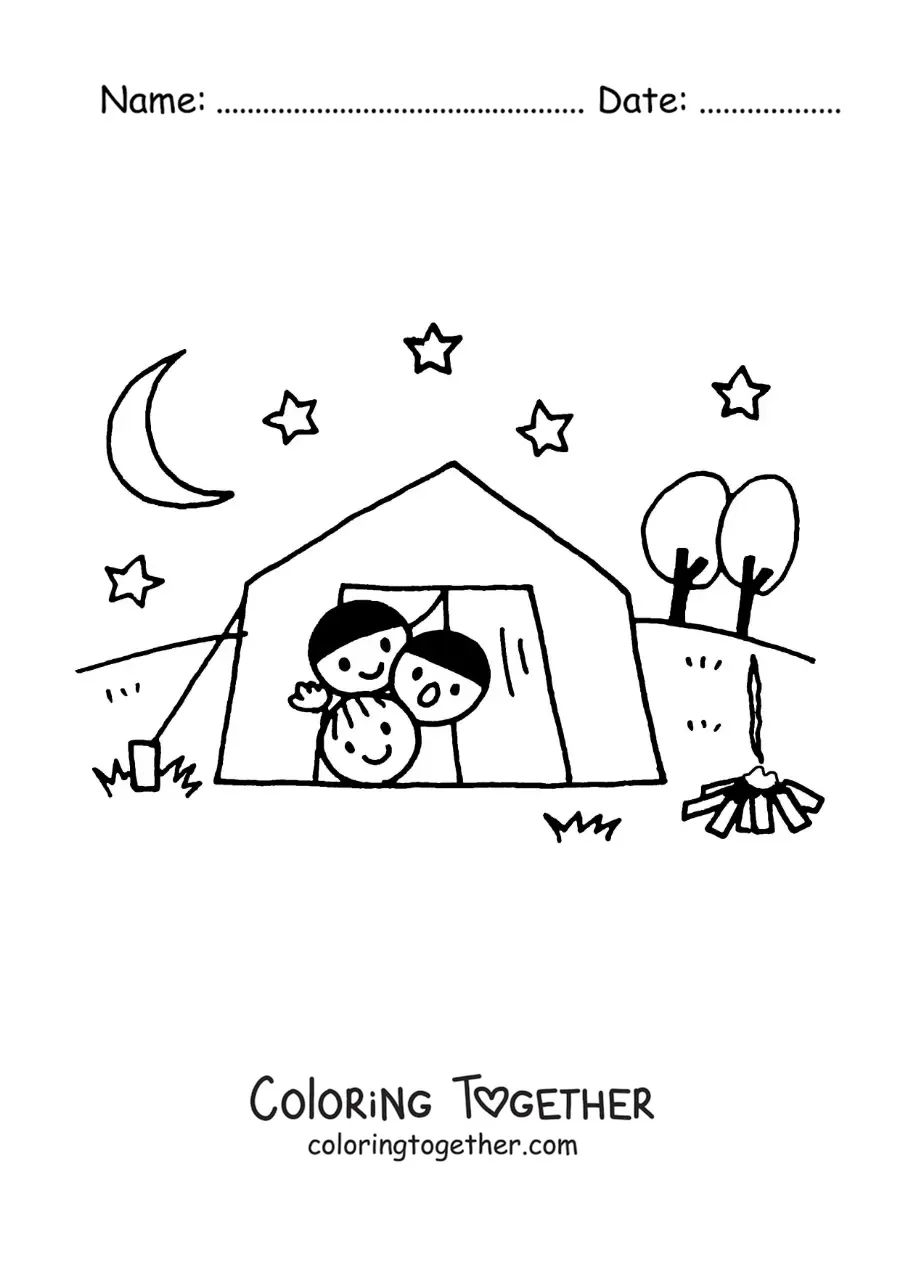 Coloring page of children in the tent at a campsite