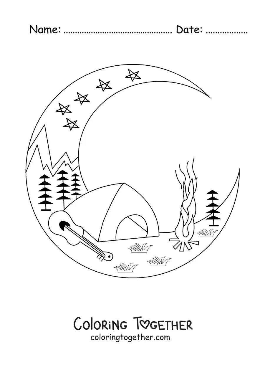 Coloring page of a campsite at night