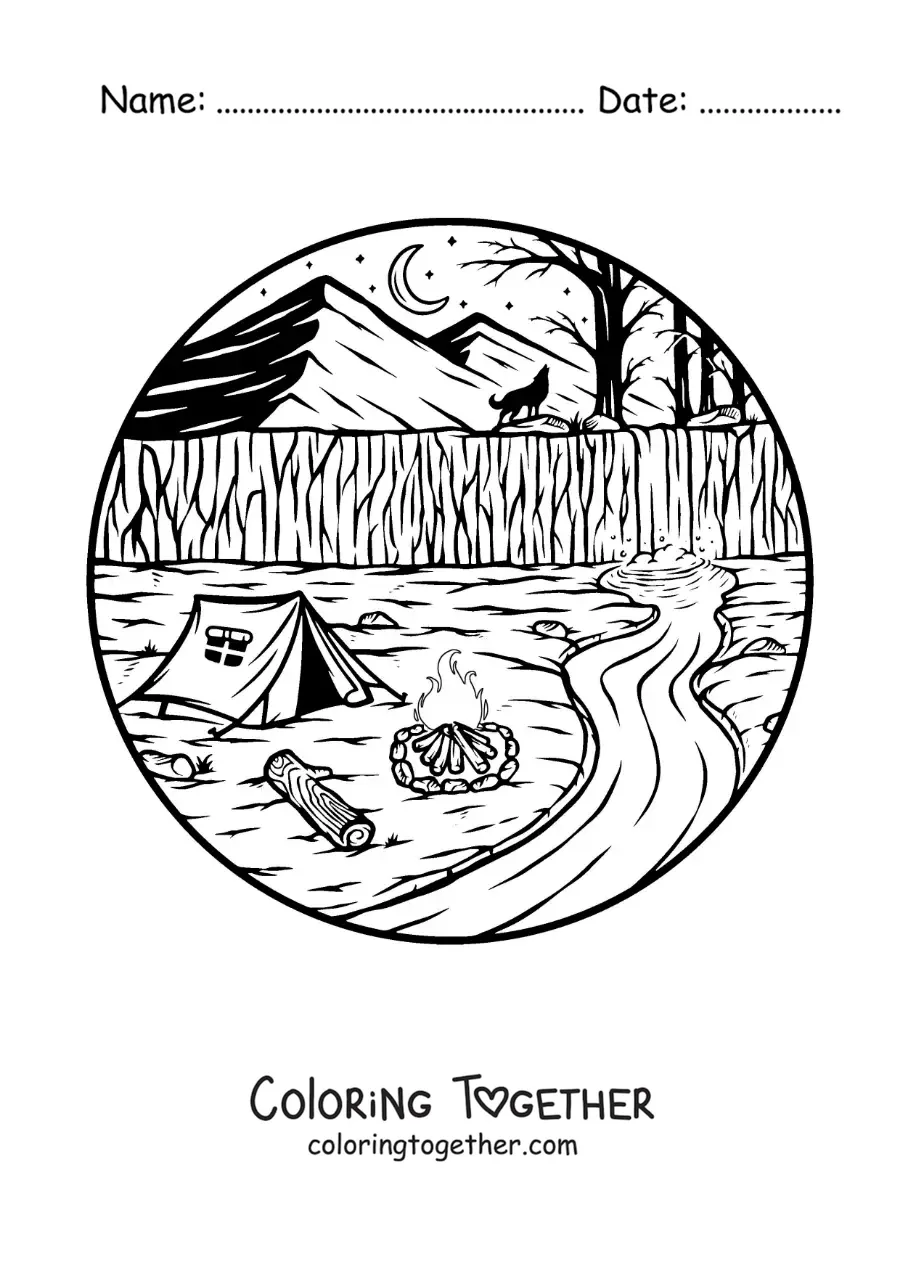 Coloring page of a campsite by the river