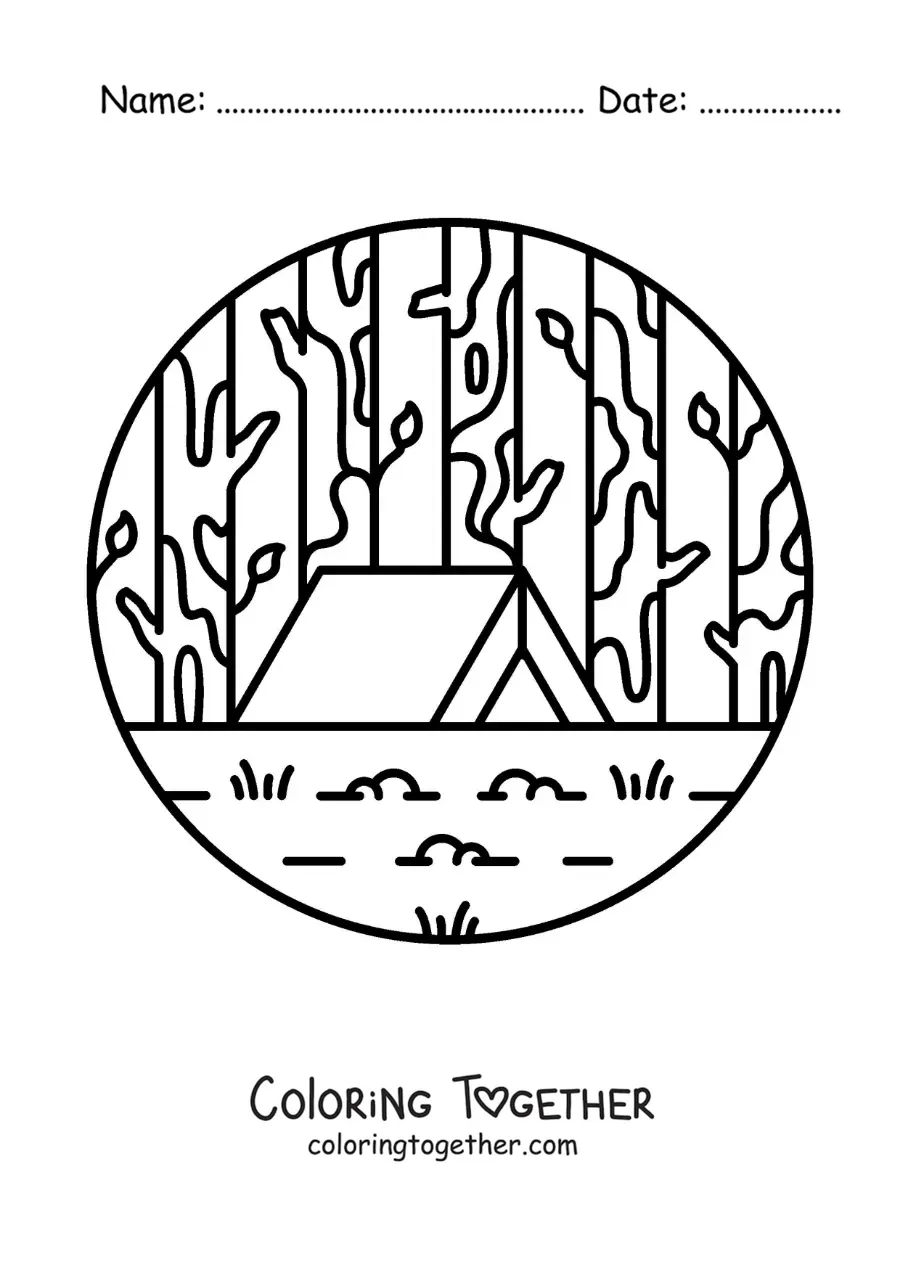 Coloring page of a tent in the forest