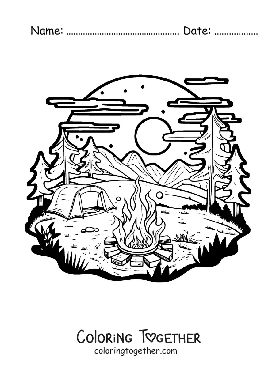 Coloring page of a tent in the forest next to a campfire