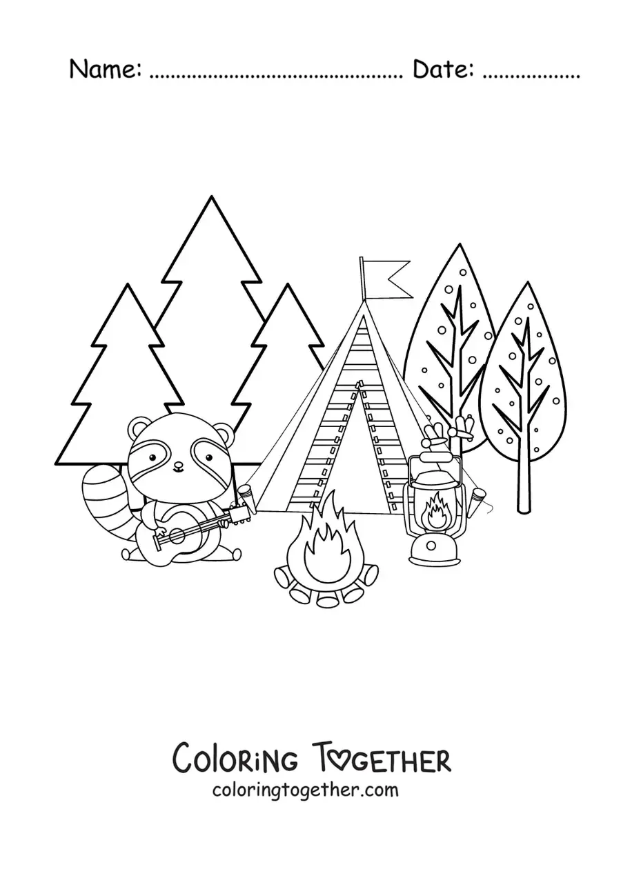Coloring page of a cartoon raccoon camping in the forest