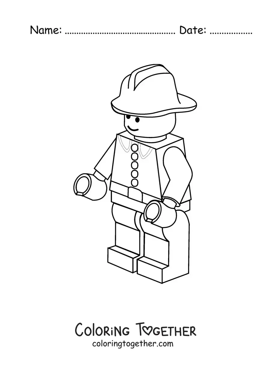 Coloring page of a Lego-style toy firefighter