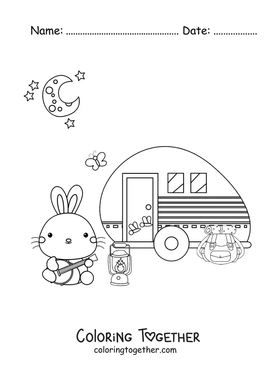 Coloring page of a cartoon rabbit camping in a motorhome