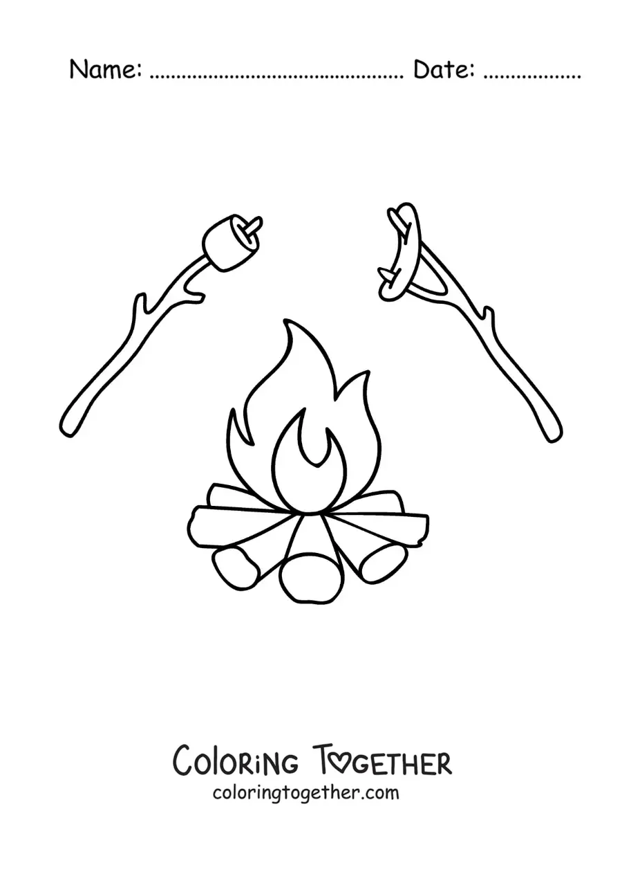 Coloring page of a campfire with marshmallows and sausages