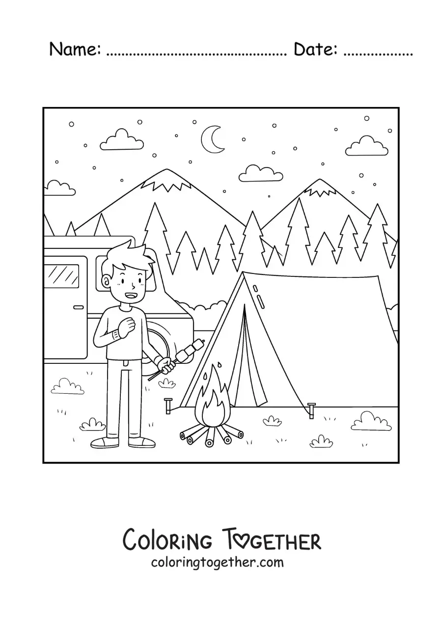 Coloring page of a boy camping eating marshmallows by a campfire