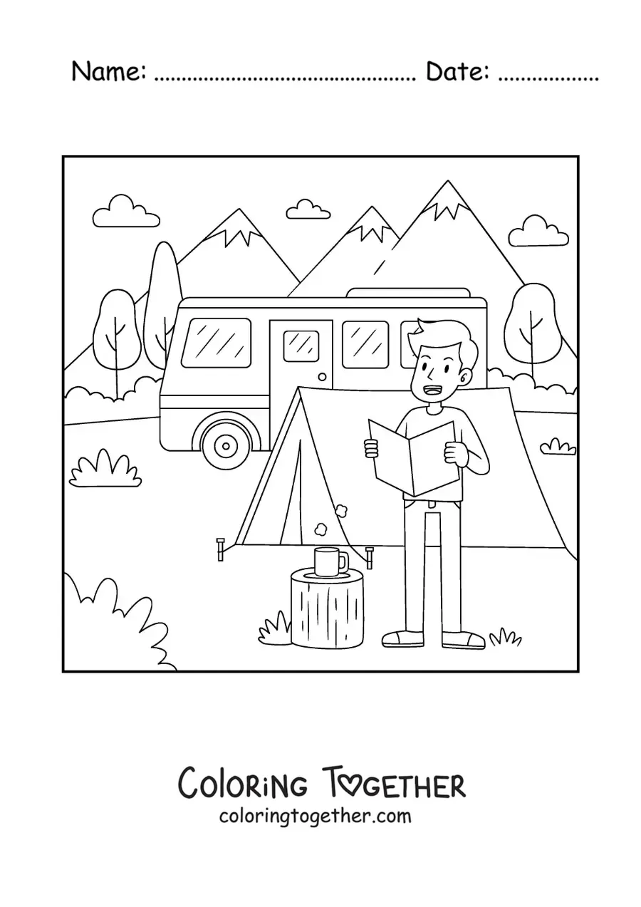 Coloring page of a cartoon boy reading a map at a campsite