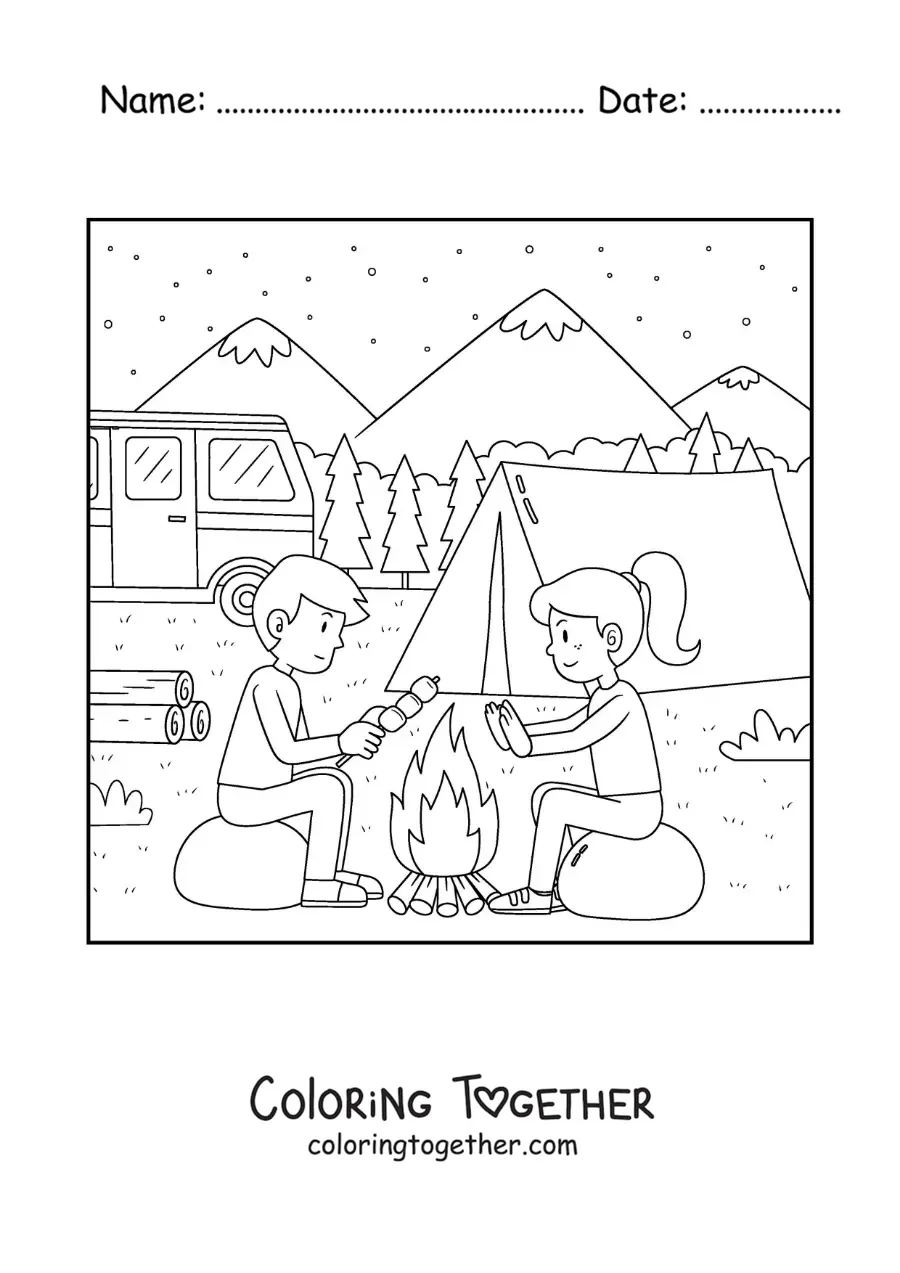 Coloring page of a girl and a boy by a campfire at a campsite
