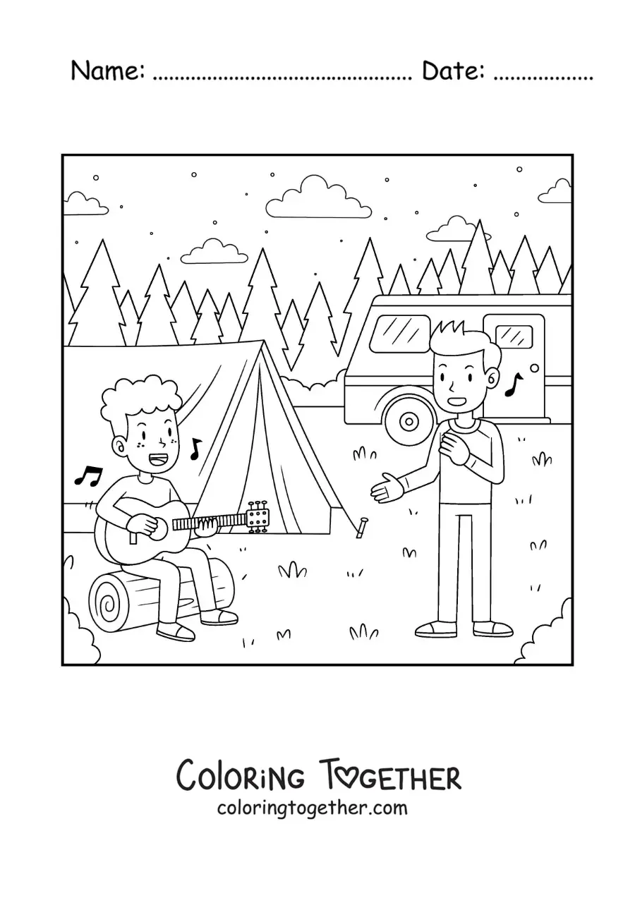 Coloring page of two children singing with a guitar at a campsite
