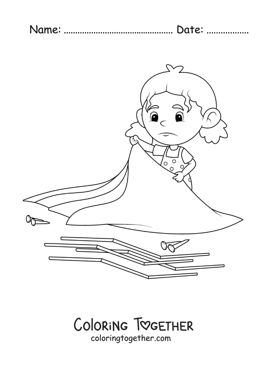 Coloring page of a girl pitching a tent
