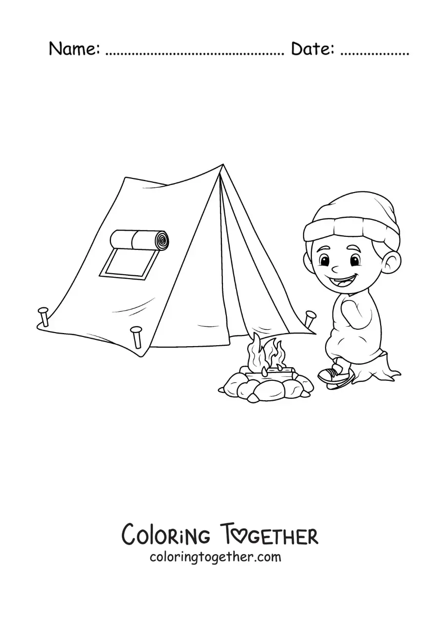 Coloring page of a cold boy at a campsite