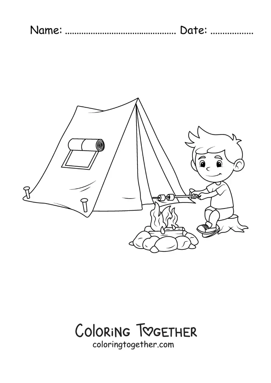 Coloring page of a boy roasting marshmallows next to a tent