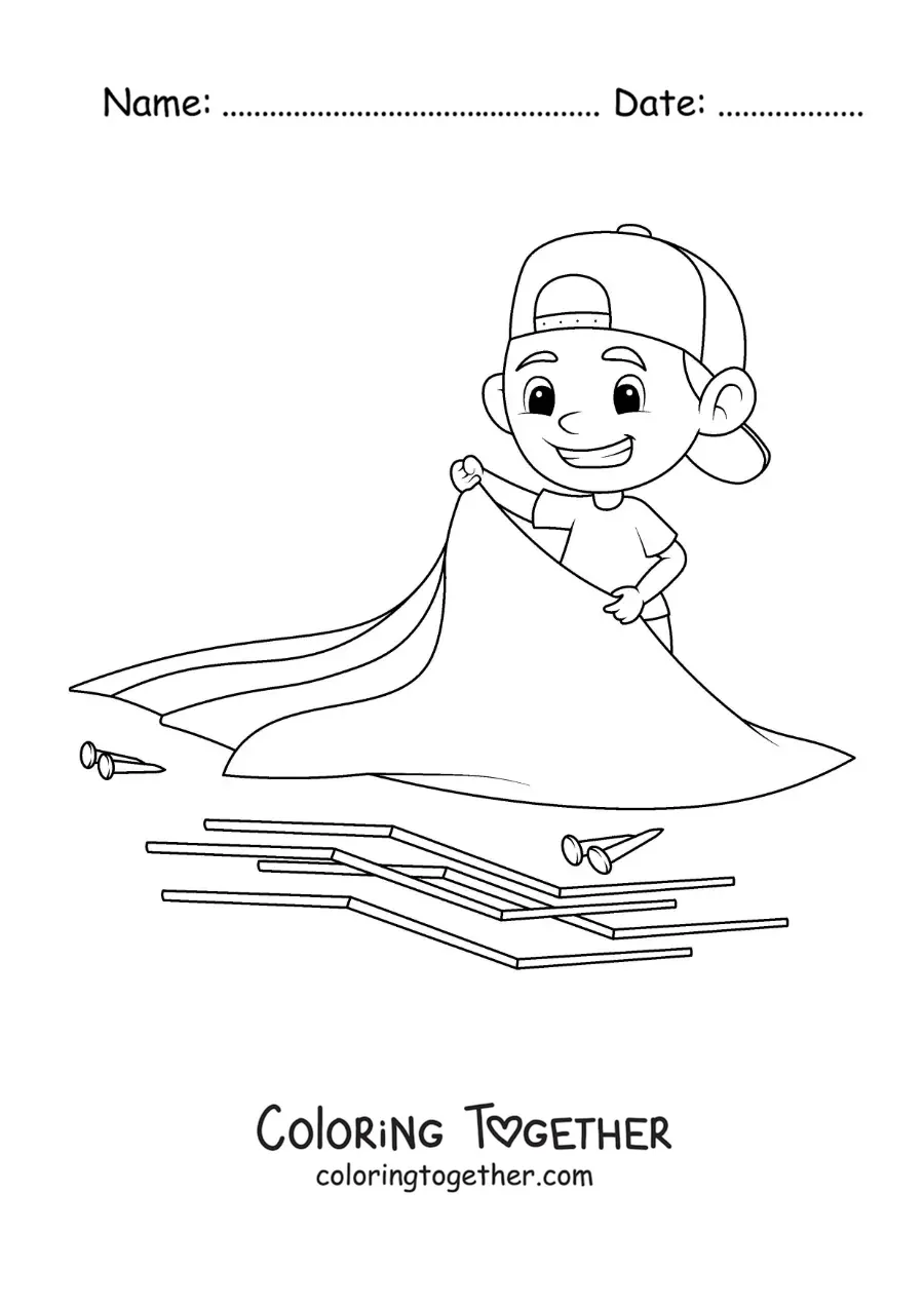 Coloring page of a boy pitching a tent