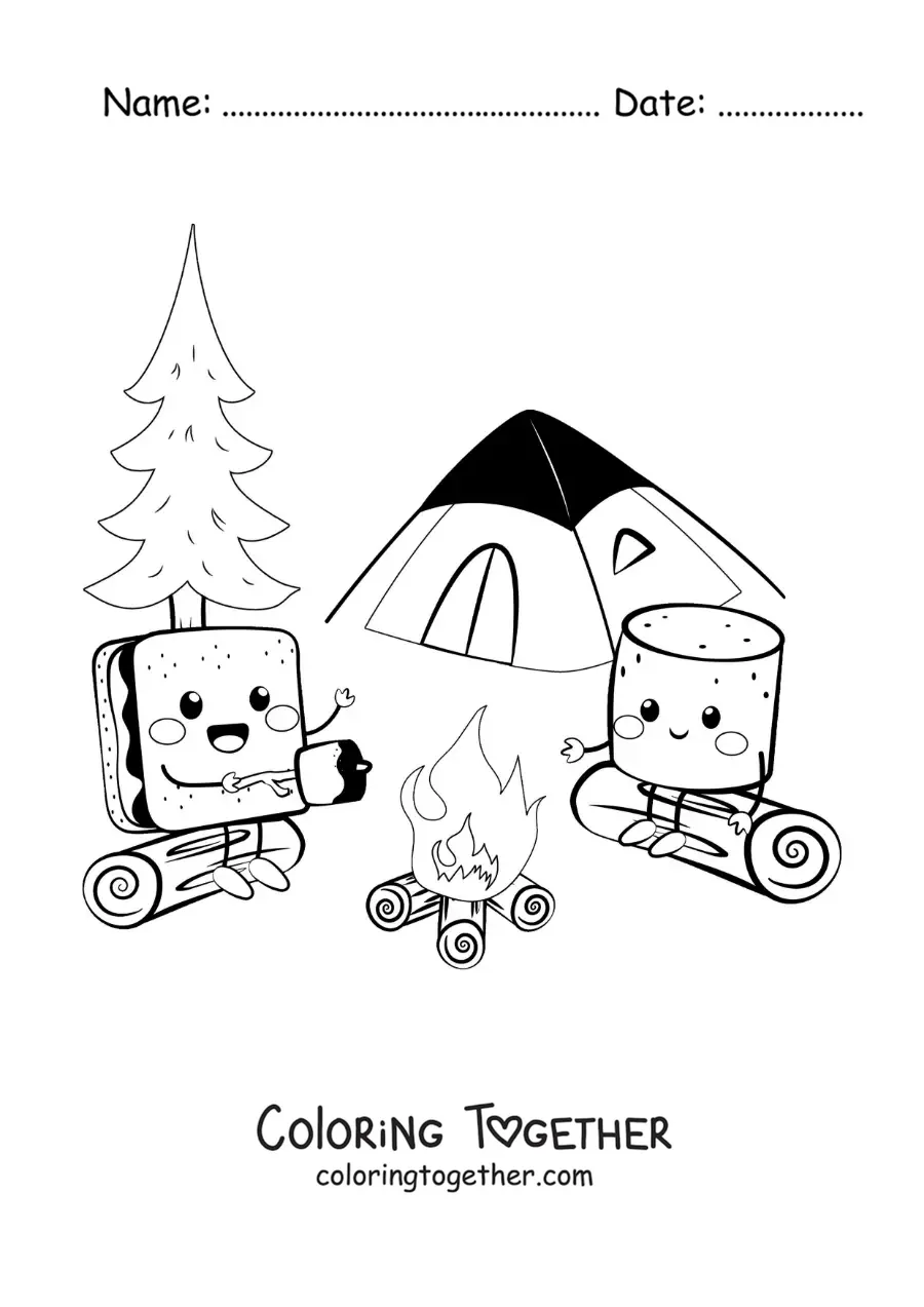 Coloring page of two kawaii cartoon marshmallows at a campsite