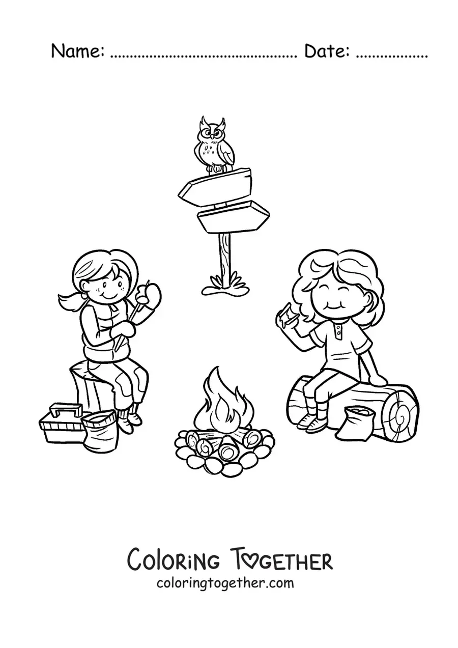 Coloring page of two girls eating marshmallows by a campfire