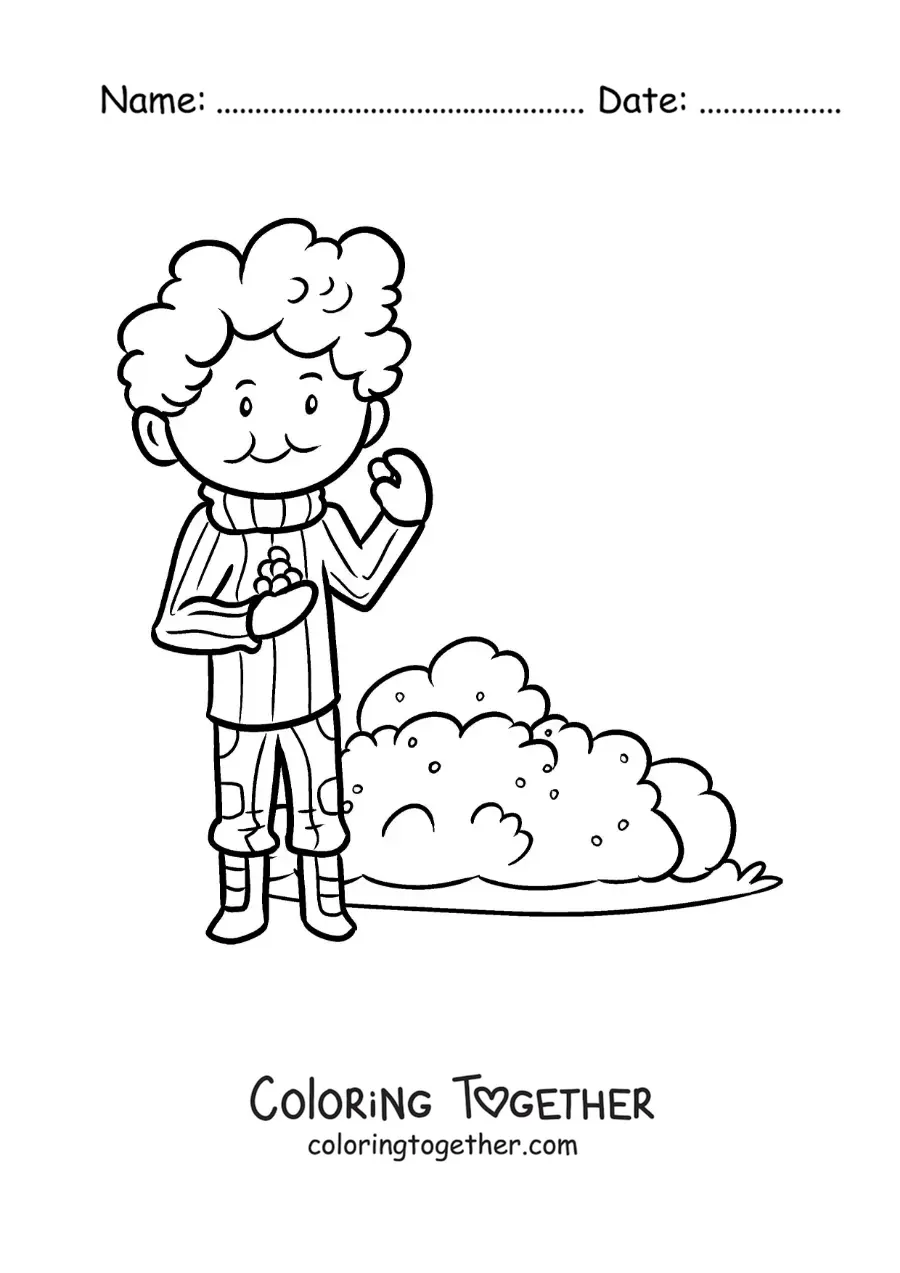 Coloring page of a boy picking berries from a bush on a hike