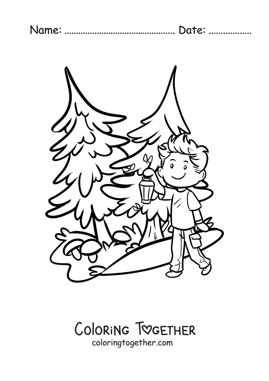 Coloring page of a boy with a flashlight in the forest on a hike