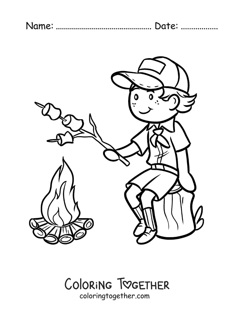 Coloring page of a boy explorer roasting marshmallows over a campfire