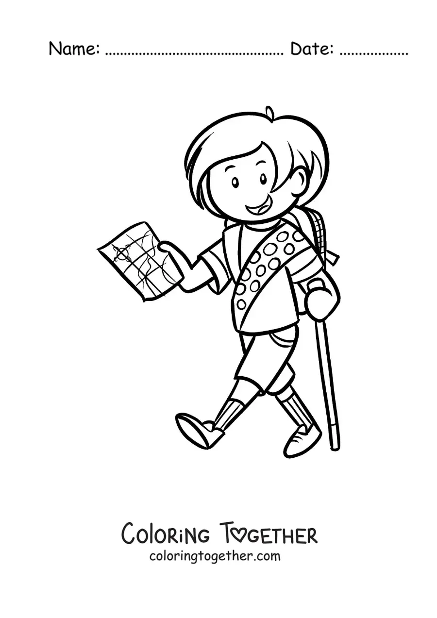 Coloring page of a girl explorer walking with a map on a hike