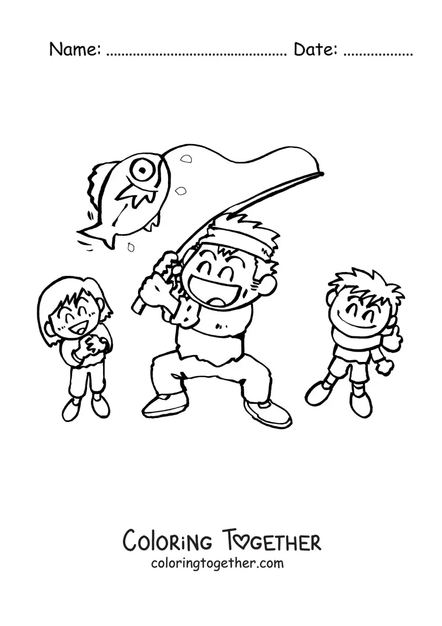 Coloring page of a father and his children catching a fish