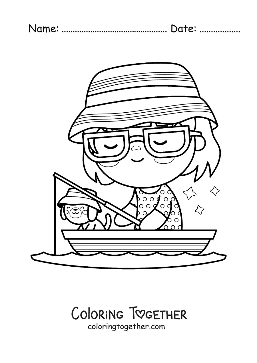 Coloring page of a girl fishing with her dog in a boat