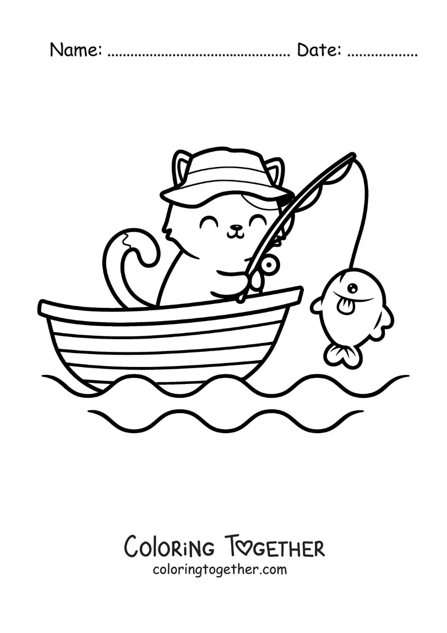 Coloring page of a cartoon cat catching a fish in a boat