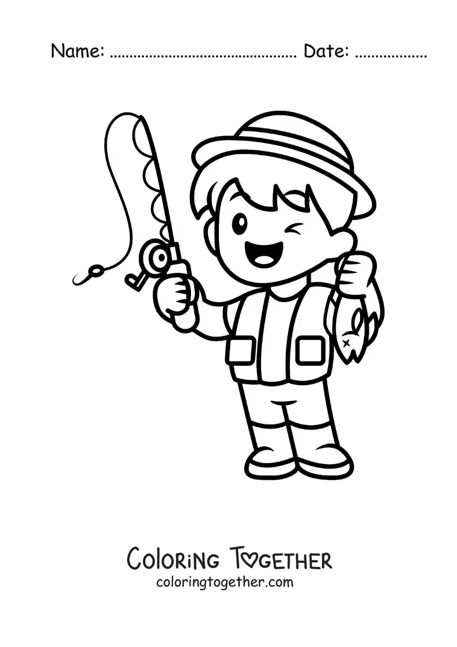 Coloring page of a cute cartoon fisher boy