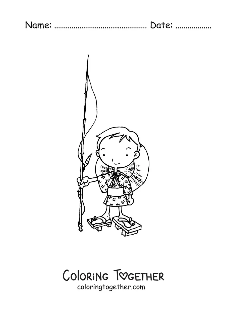 Coloring page of a cartoon Japanese fisher boy