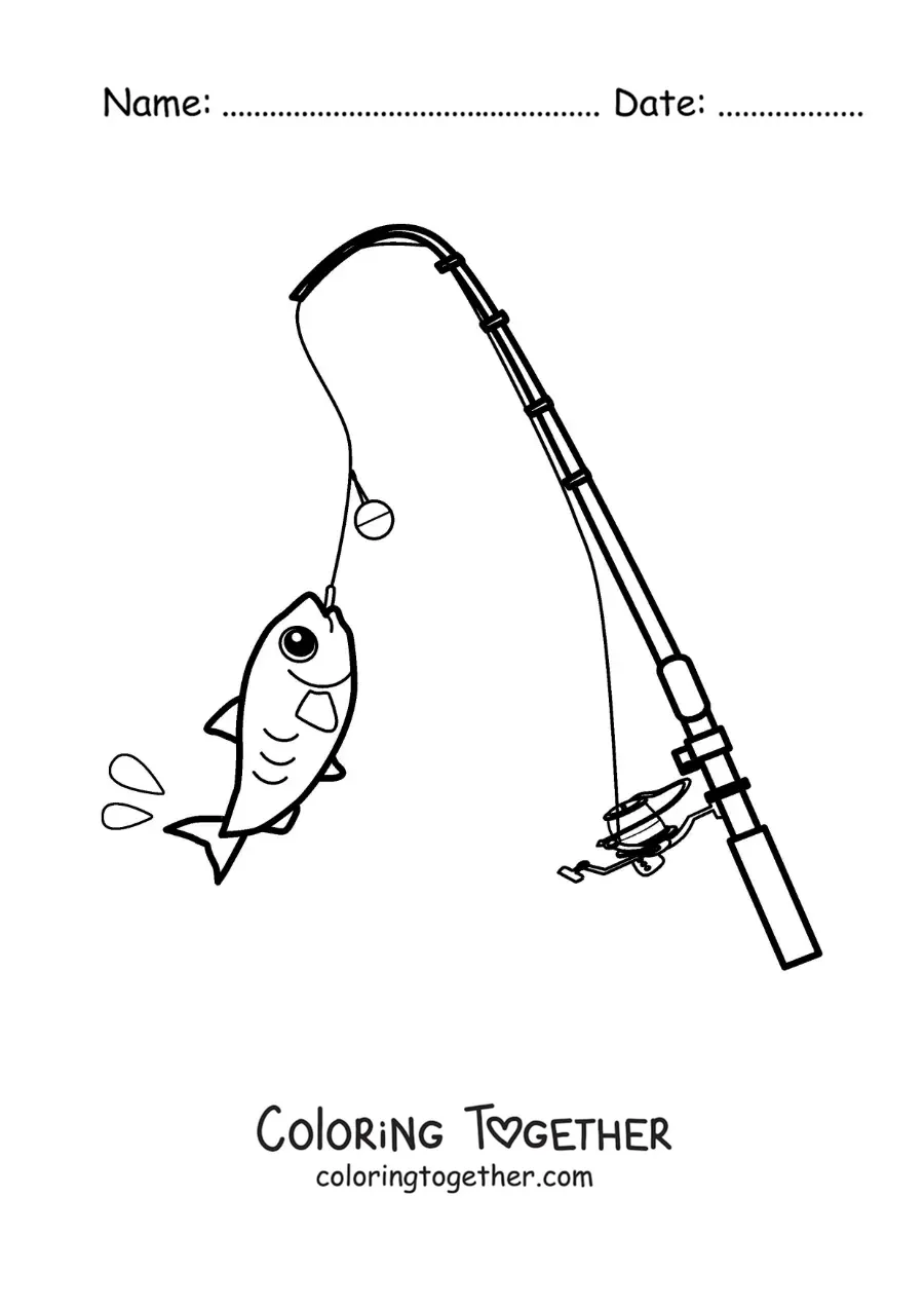 Coloring page of a fishing rod with a cartoon fish