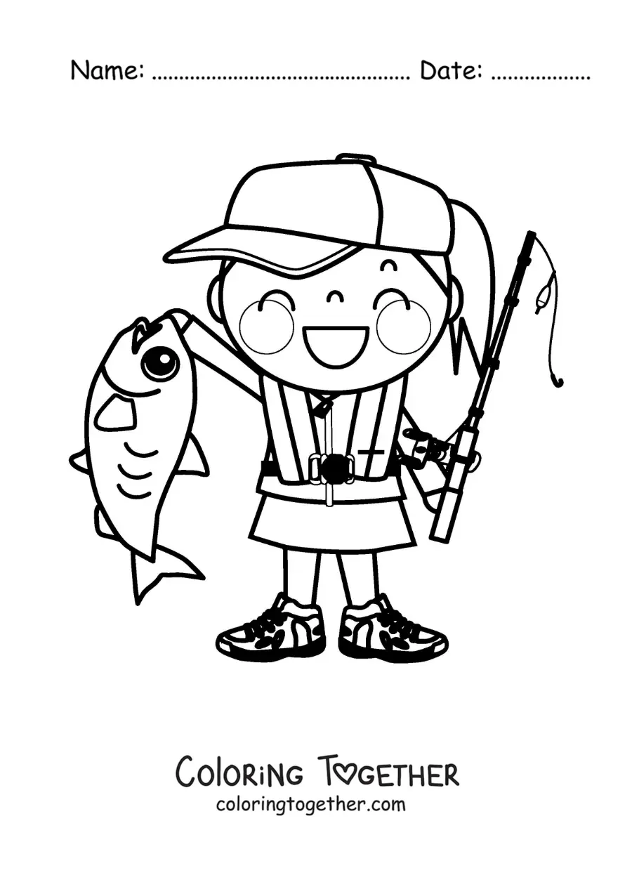 Coloring page of a girl fisher with a fish