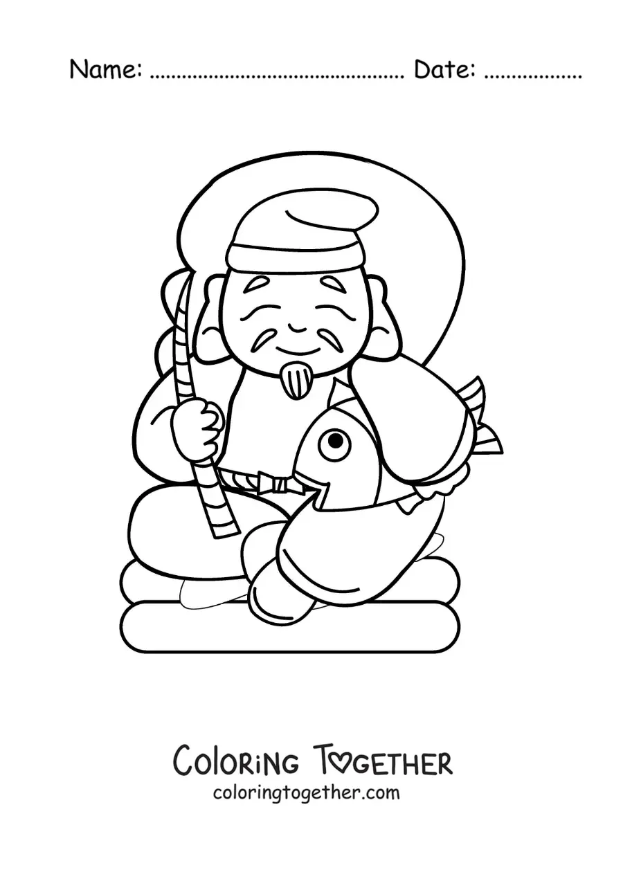 Coloring page of an old Japanese fisherman